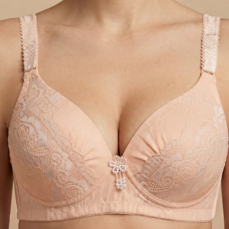 Elegant Floral Lace Full-Coverage Cotton Comfort Bra - Peach/Apricot