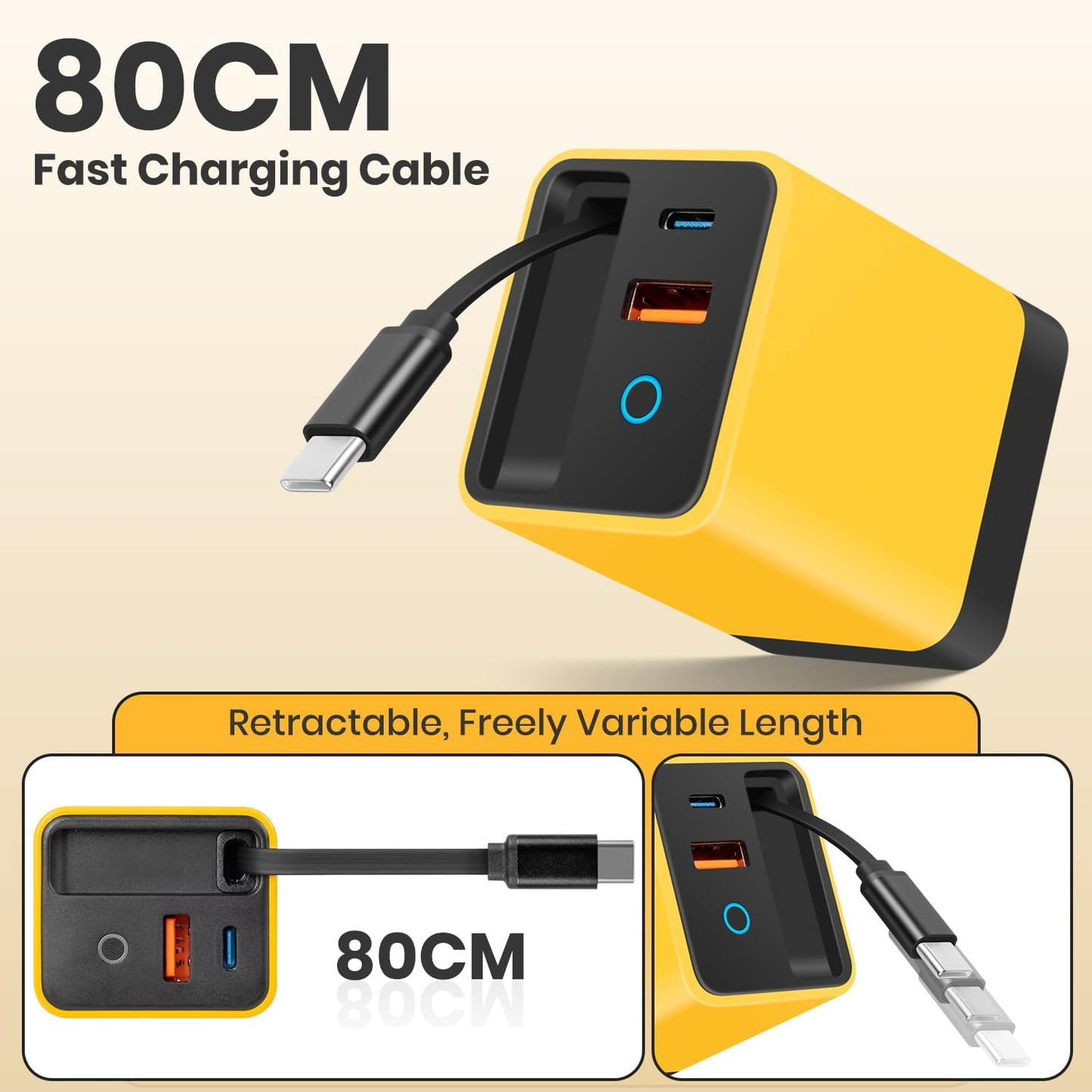 80W PD Multi-Port Fast Charger - Retractable USB Cable
