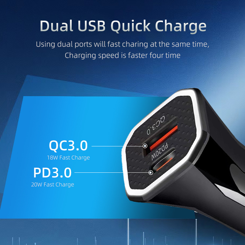 High-Speed Car Charger – USB-C PD 20W & USB QC 3.0 Fast Charger