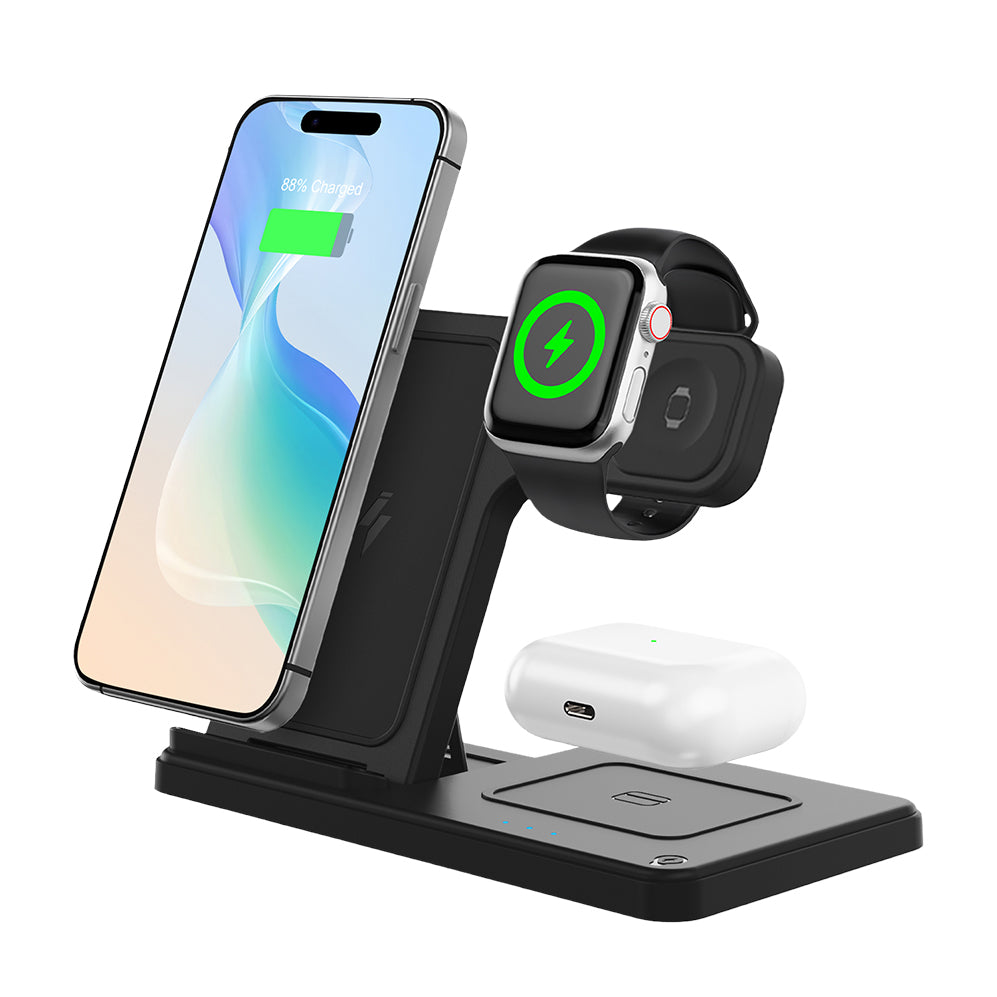 Miccell 3-in-1 Foldable Wireless Charger Stand – 15W Fast Magnetic Charging for iPhone 16/17, Watch & AirPods