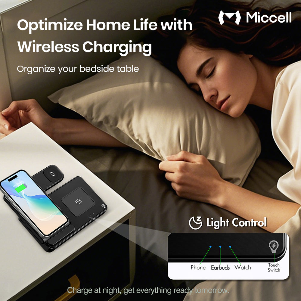 Miccell 3-in-1 Foldable Wireless Charger Stand – 15W Fast Magnetic Charging for iPhone 16/17, Watch & AirPods