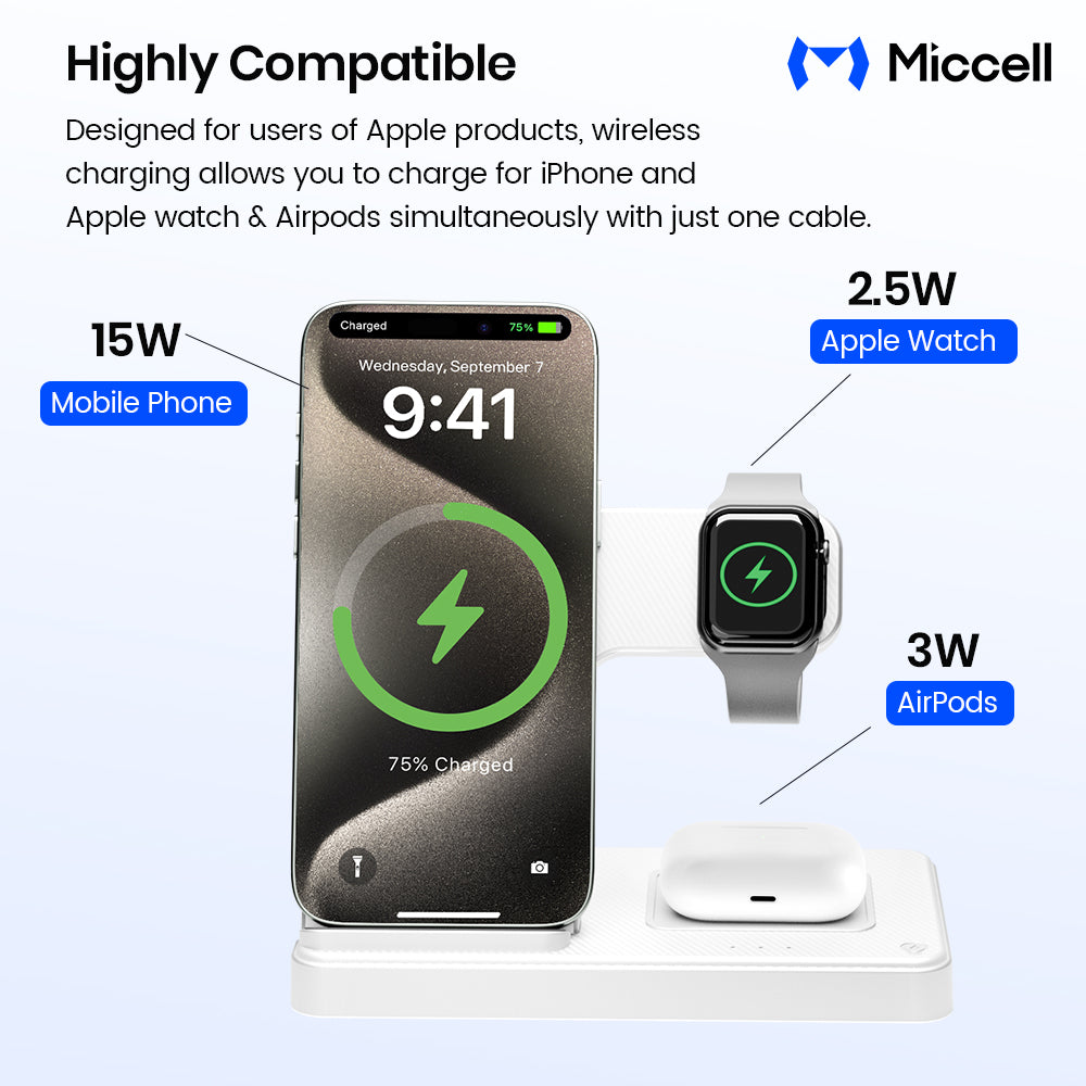 Miccell 3-in-1 Foldable Wireless Charger Stand – 15W Fast Magnetic Charging for iPhone 16/17, Watch & AirPods