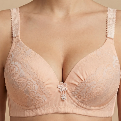 Elegant Floral Lace Full-Coverage Cotton   Comfort Bra - Peach/Apricot