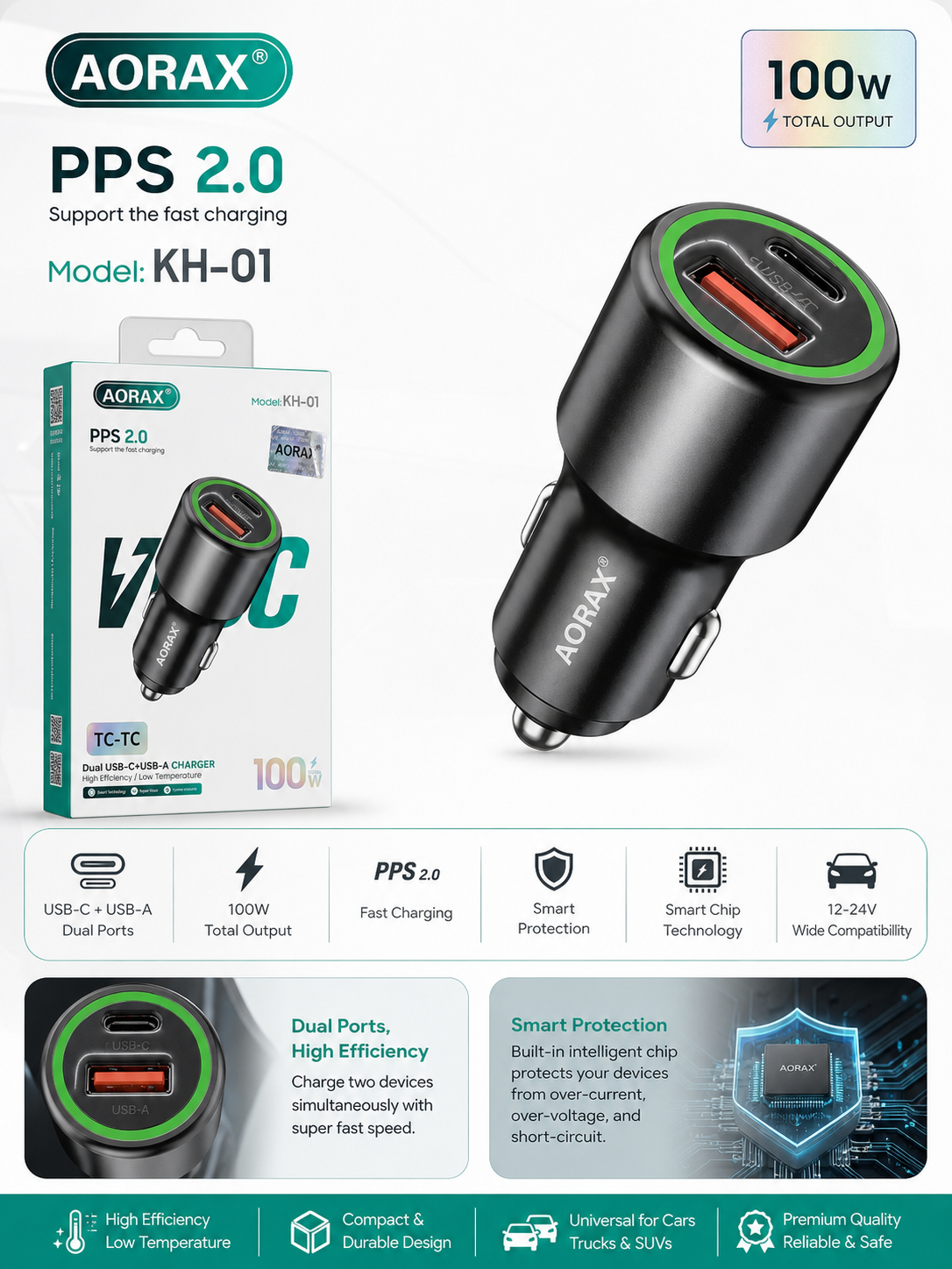AORAX KH-01 100W Dual Port Car Charger