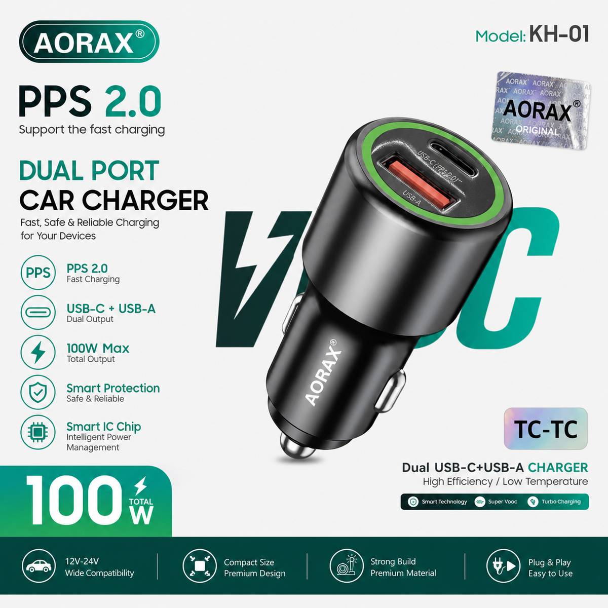 AORAX KH-01 100W Dual Port Car Charger