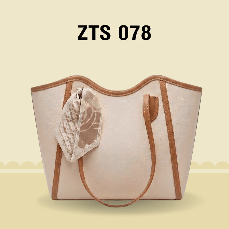Luxury Beige & Tan Scarf Tote Bag With Scarf Decorated in Pakistan ZTS-CR-078
