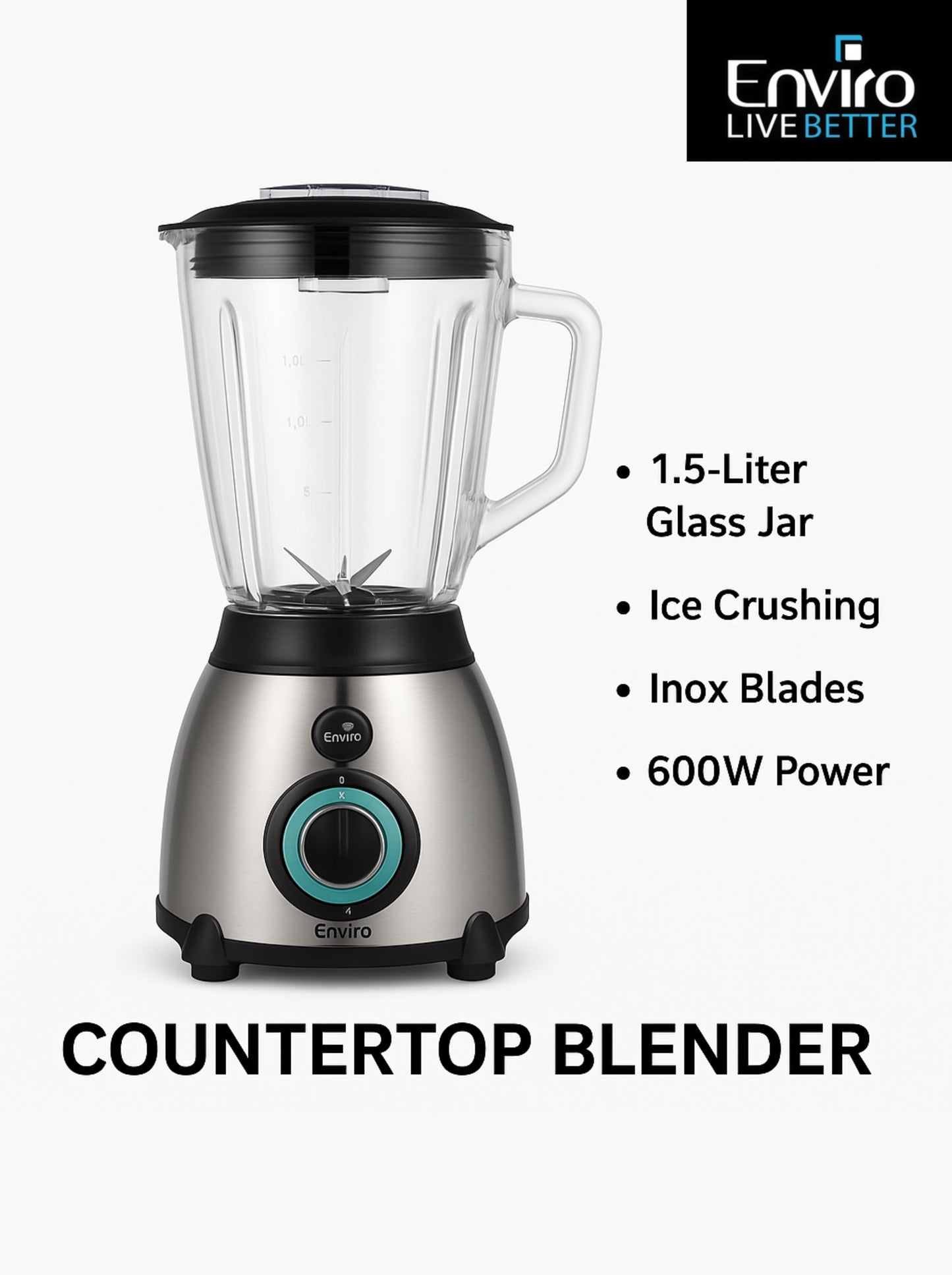 Enviro Countertop Blender EI-3320 – Powerful 600W Blender with 1.5L Glass Jar