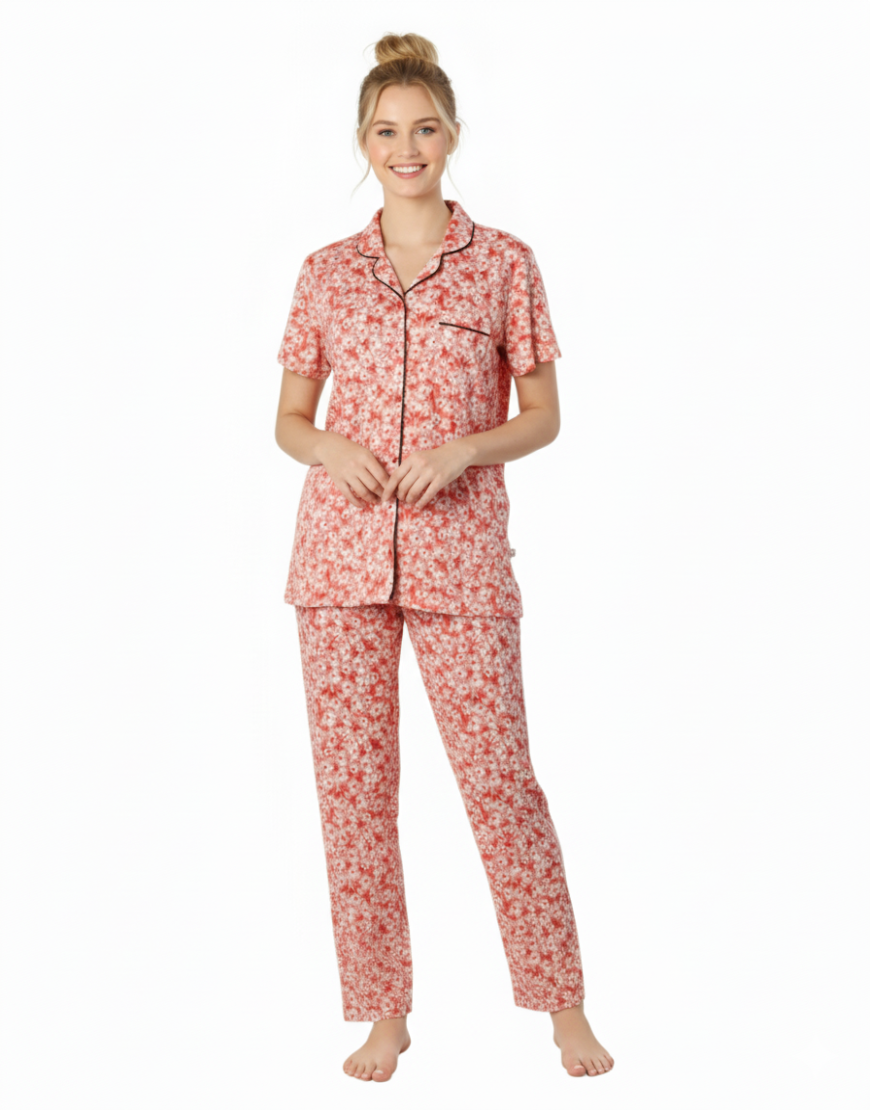 SIESTA COTTON BUTTON DOWN SHIRT & PJ SET- FLORAL PEACH