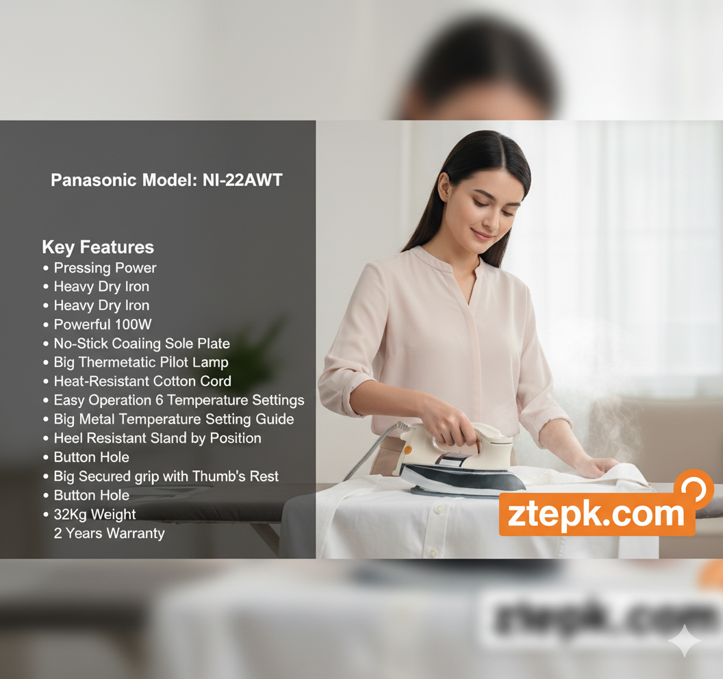 Panasonic NI-22AWT Heavyweight Deluxe Dry Iron – Original 1000W Metal Body with Automatic Temperature Control & Non-Stick Soleplate