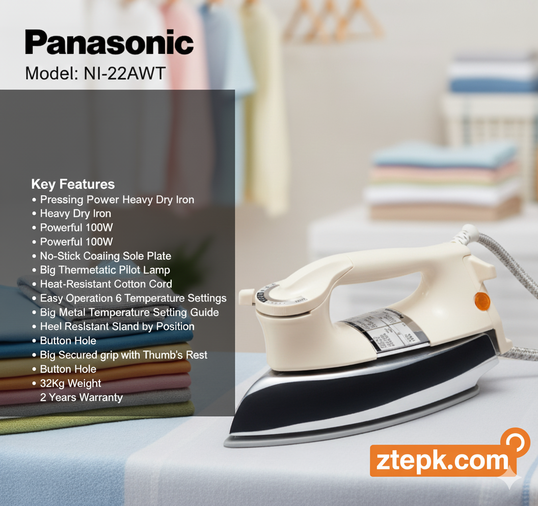 Panasonic NI-22AWT Heavyweight Deluxe Dry Iron – Original 1000W Metal Body with Automatic Temperature Control & Non-Stick Soleplate