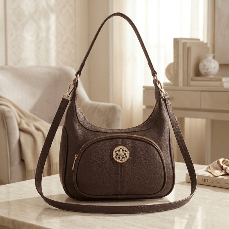 Crescent Hobo Ladies Handbag Circular Filigree Emblem ZTS-CR-165