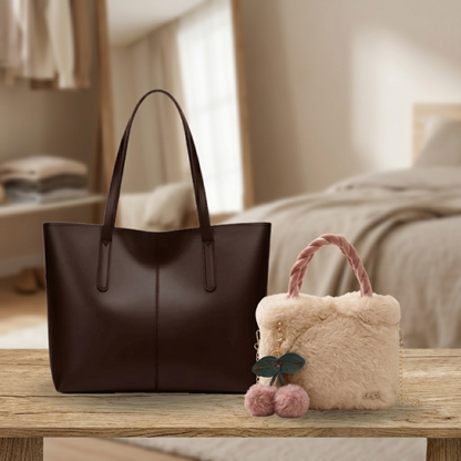 2 Piece Combo Deal - Black Shoulder Tote Bag & White Faux Fur Crossbody Bag 055 / 119