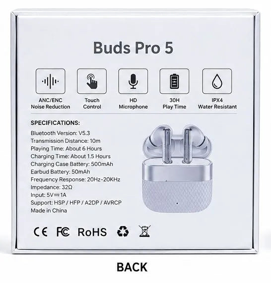 Buds Pro 5 Wireless Bluetooth Earbuds | HD Sound | Touch Control | Noise Reduction