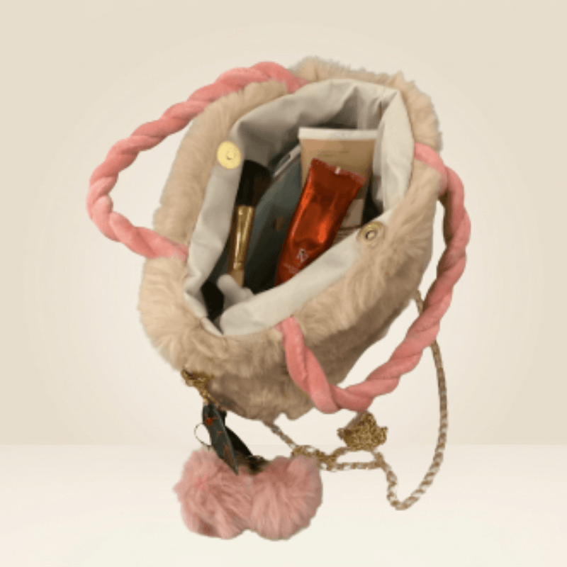 Luxury Fur Handbag with Pink Braided Handles ZTS-CR-119
