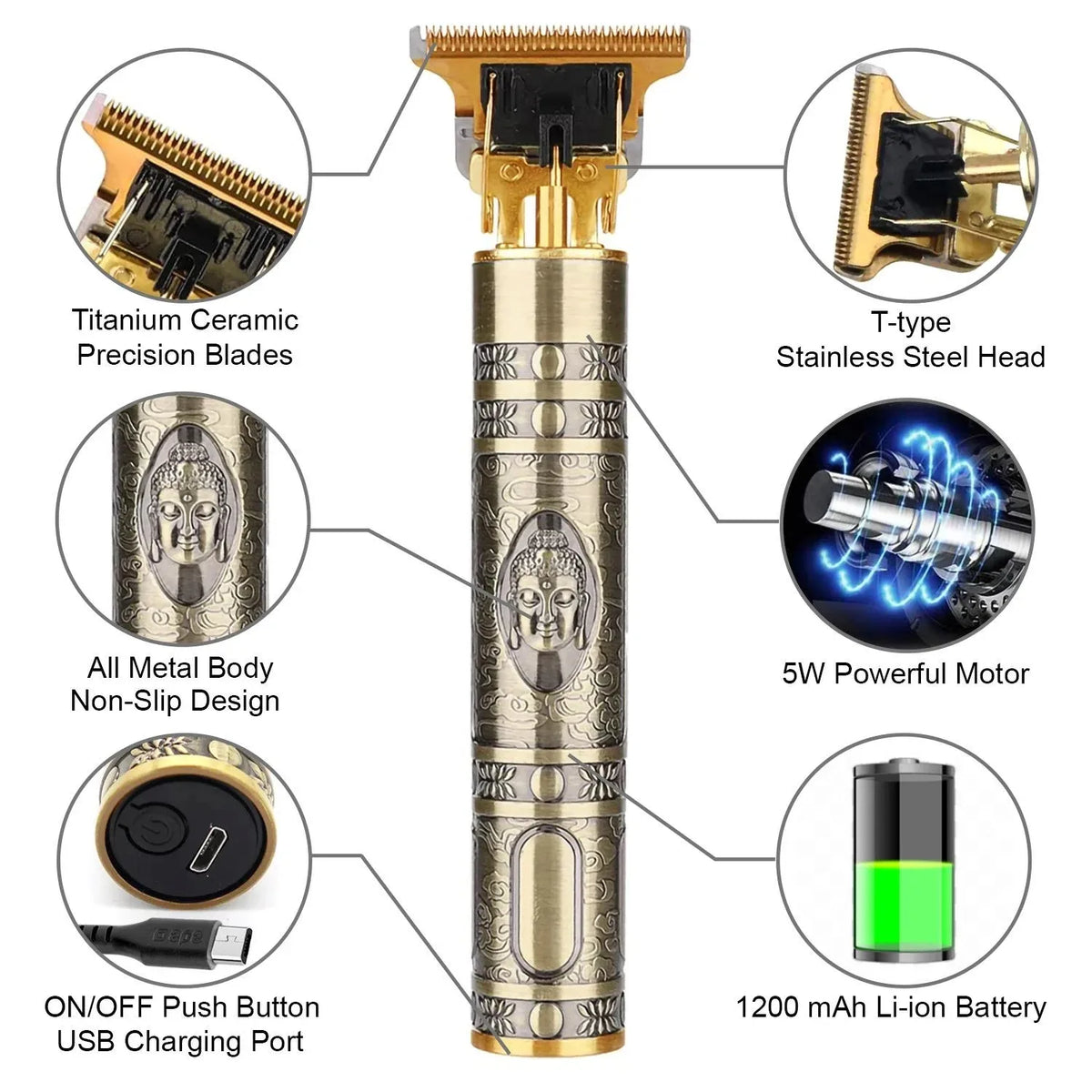 Premium Rechargeable Hair Trimmer – Full Metal Body, 1200mAh, Titanium Blades, Type-C Fast Charging (Best Hair Trimmer in Pakistan)