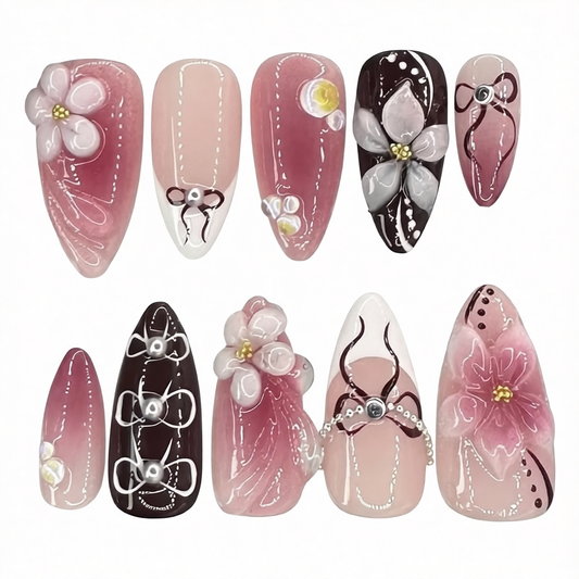 Designer Glossy Nail Extension Tips with Floral Art