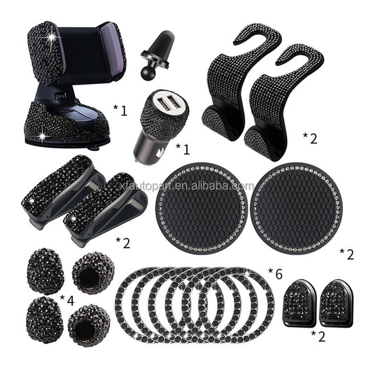 Luxury Bling Car Accessories Set – Rhinestone Crystal Interior Kit with Phone Holder, Charger, Hooks & Anti-Slip Mats for Women Car Decor