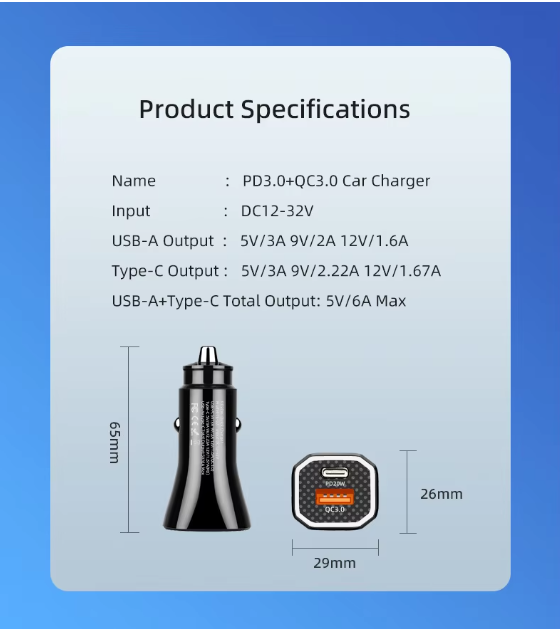 High-Speed Car Charger – USB-C PD 20W & USB QC 3.0 Fast Charger