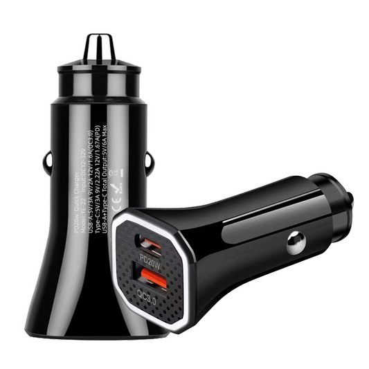 High-Speed Car Charger – USB-C PD 20W & USB QC 3.0 Fast Charger