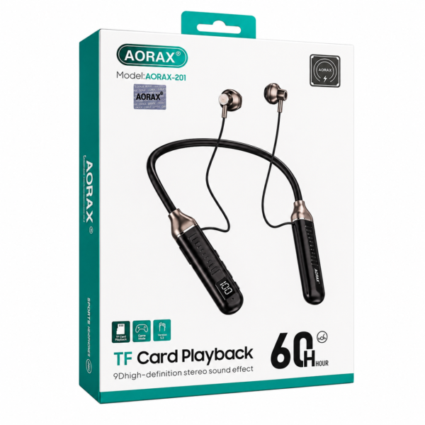 Aorax-201 Neckband Earphones – Bluetooth 5.3, 60H Battery & TF Card