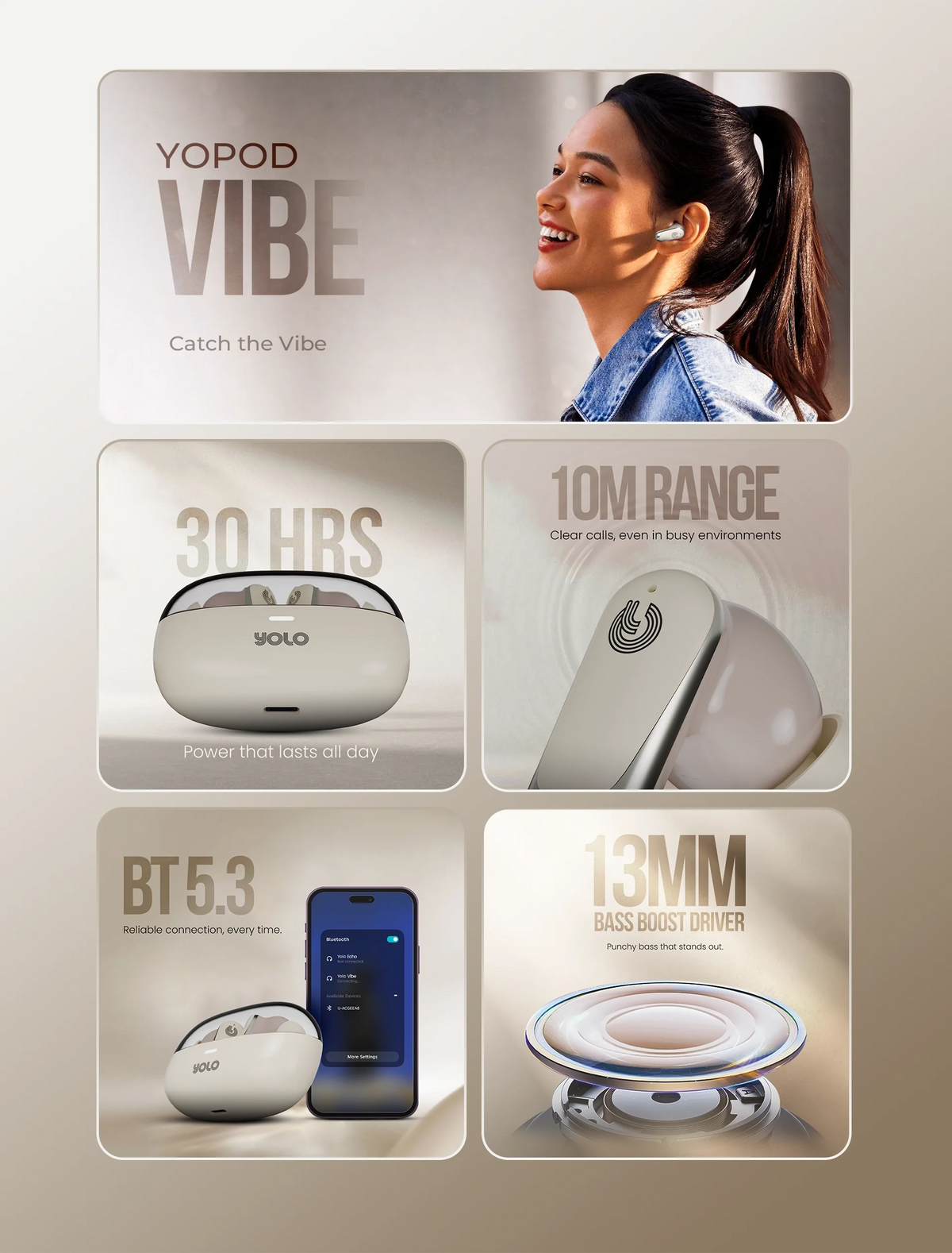 YoPod Vibe Wireless Earbuds – Bluetooth 5.3, 13mm Bass Boost, 30 Hours Playback