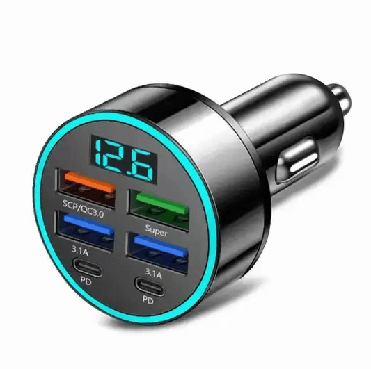 6 Port Car Charger 120W Fast Charging USB & Type-C PD with Digital Display | Quick Charge 3.0 Multi Port Car Adapte