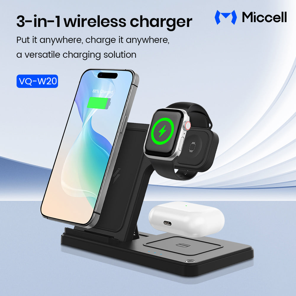 Miccell 3-in-1 Foldable Wireless Charger Stand – 15W Fast Magnetic Charging for iPhone 16/17, Watch & AirPods