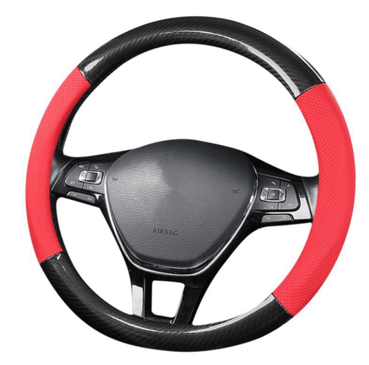Premium Carbon Fiber Steering Wheel Cover with Red Non-Slip Leather Grip