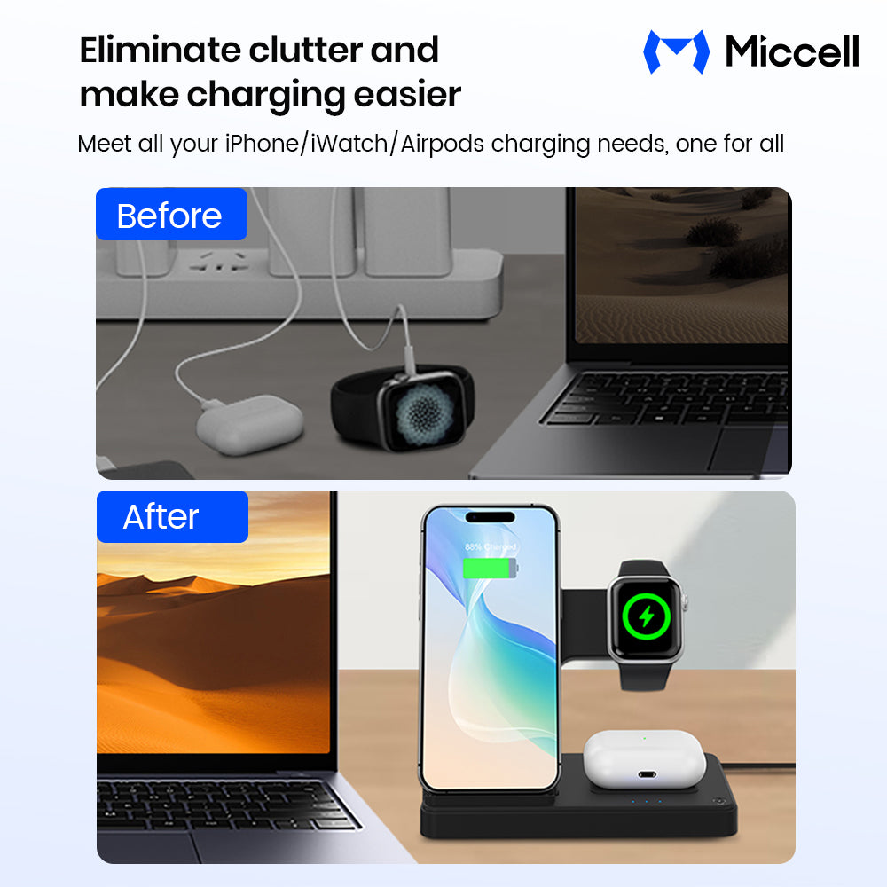 Miccell 3-in-1 Foldable Wireless Charger Stand – 15W Fast Magnetic Charging for iPhone 16/17, Watch & AirPods