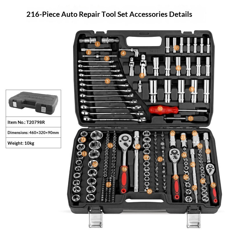 Professional 216-Piece Auto Repair Tool Set | Chrome Vanadium Socket Wrench Kit with Ratchet Spanners & Storage Case