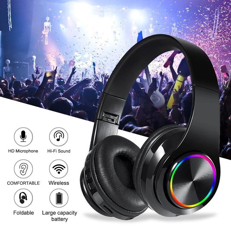 Bluetooth Headphones with LED Lights – Foldable & Long Battery Life