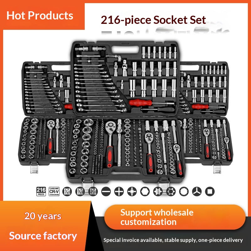 Professional 216-Piece Auto Repair Tool Set | Chrome Vanadium Socket Wrench Kit with Ratchet Spanners & Storage Case
