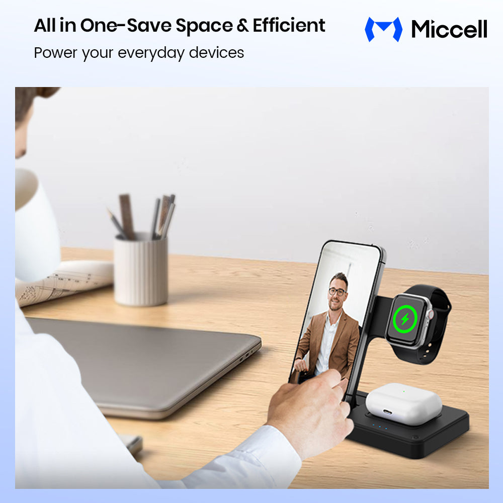 Miccell 3-in-1 Foldable Wireless Charger Stand – 15W Fast Magnetic Charging for iPhone 16/17, Watch & AirPods